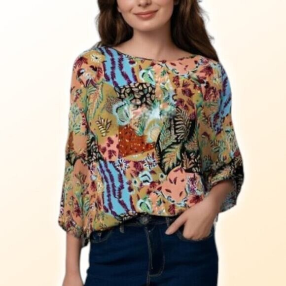 NWT M MISSONI Ocher Silk Blend Floral Print 3/4 Sleeve Blouse Womens Sz XS - Picture 1 of 9